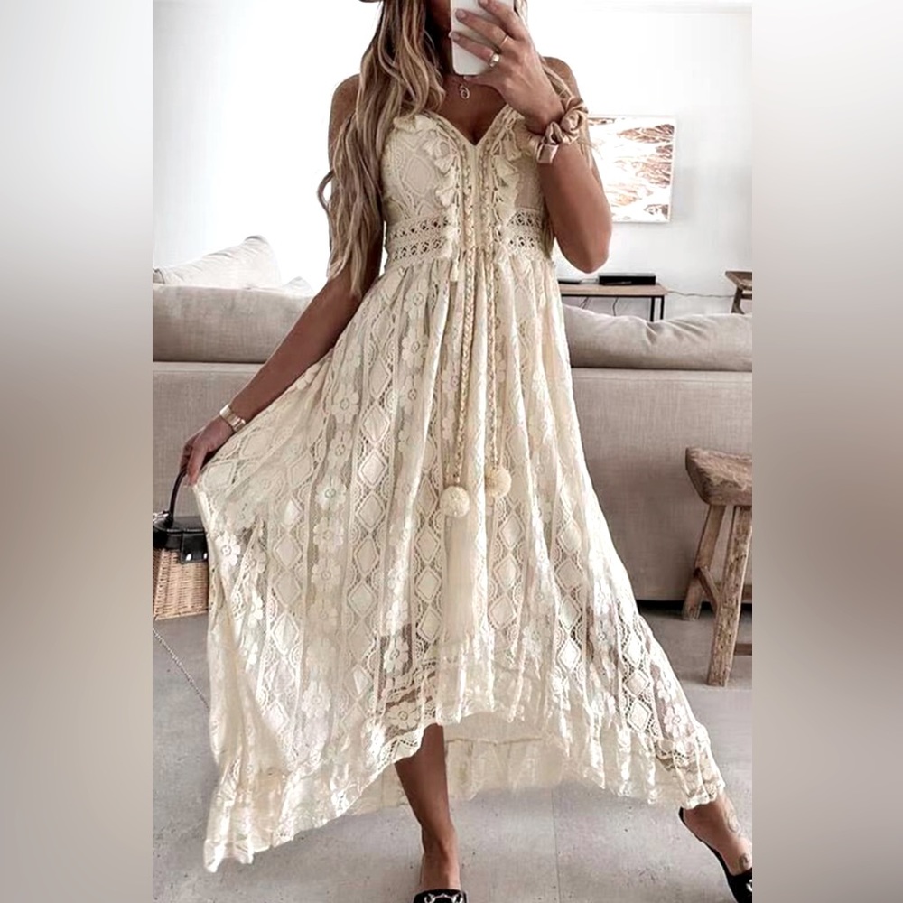 NWT Astrid Sleeveless V-Neck Tassel Ruching Dress Size Large